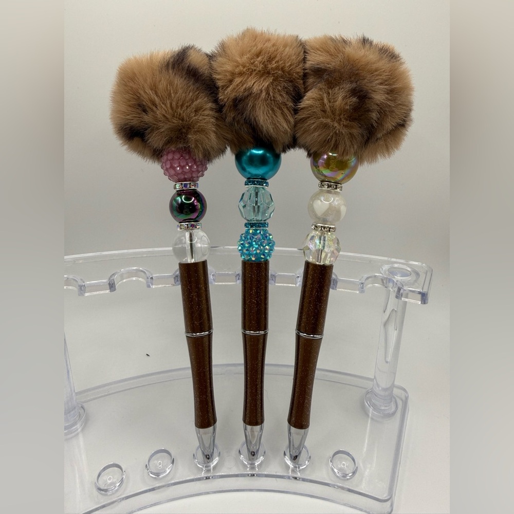 3 Leopard Fur Pom Pom Beaded Pens